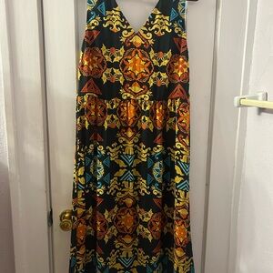 H&M Dark Blue Ornate Orange, Yellow & Teal Geometric Floral Print Pattern Dress